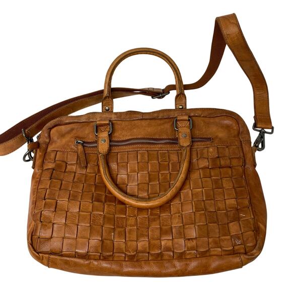 Vilenca Holland Mya Woven Leather Laptop Bag Brown Top Handle Long Strap
